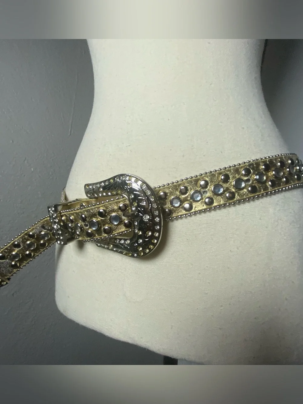 Y2K Mcbling Gold & Silver Studded Rhinestone Leather Belt Size Medium